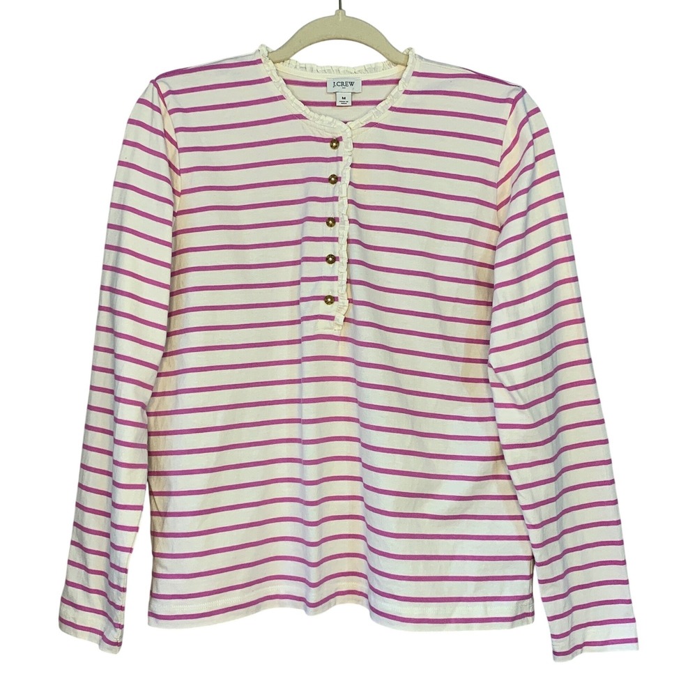 J Crew Striped Henley Long Sleeve Shirt Women Size Medium Pink White Ruffle Neck